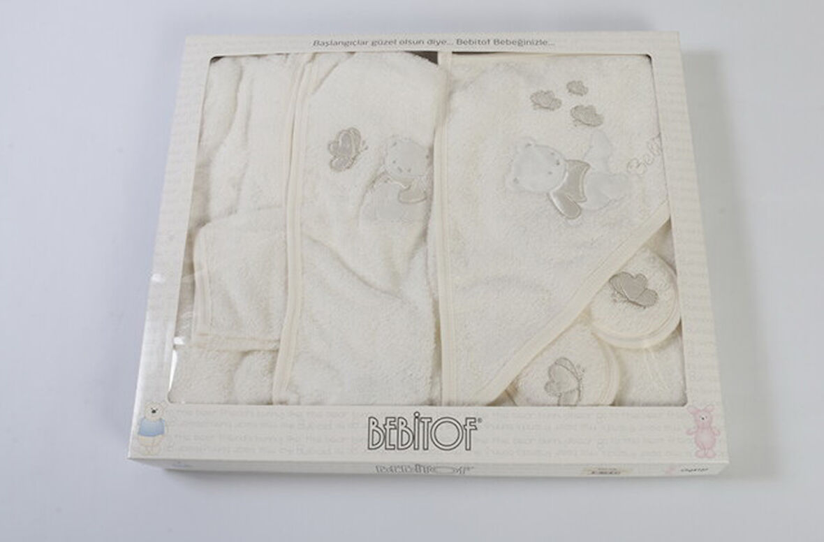 Kardeş Ayıcıklı Erkek Bornoz Set Ekru