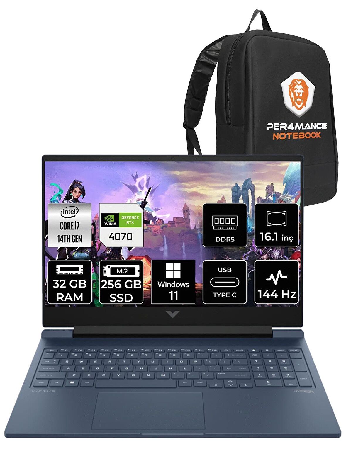 HP VİCTUS 16  i7-14700HX 32GB RAM 256GB SSD RTX4070/8GB 144Hz 16.1 FHD W11HOME 9J221EA & PER4 ÇANTA