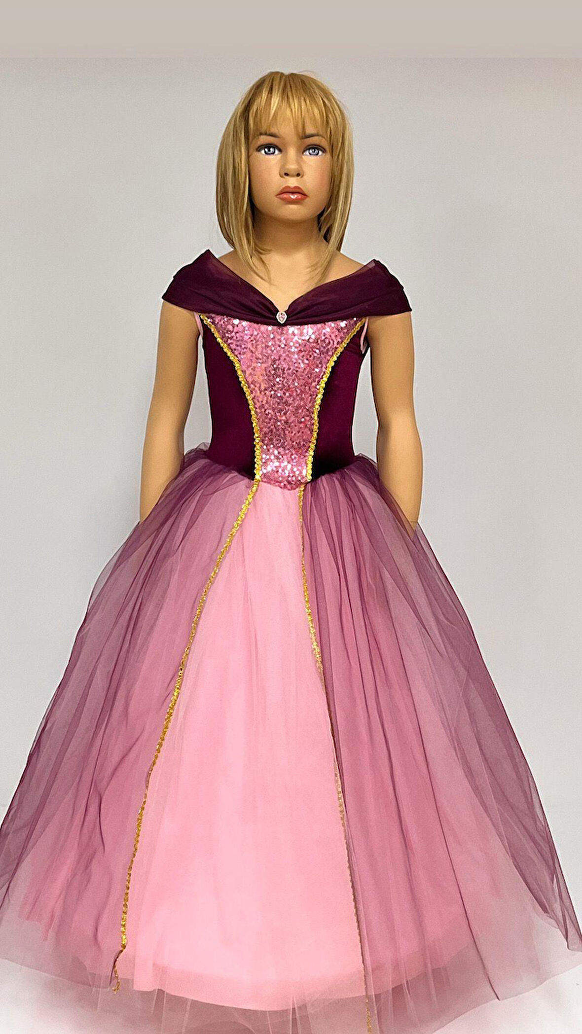 Kız Çocuk Kostüm Mor Rapunzel   Düşük Omuz Detaylı Kasnaklı Kabarık Kostüm 3-8 Yaş