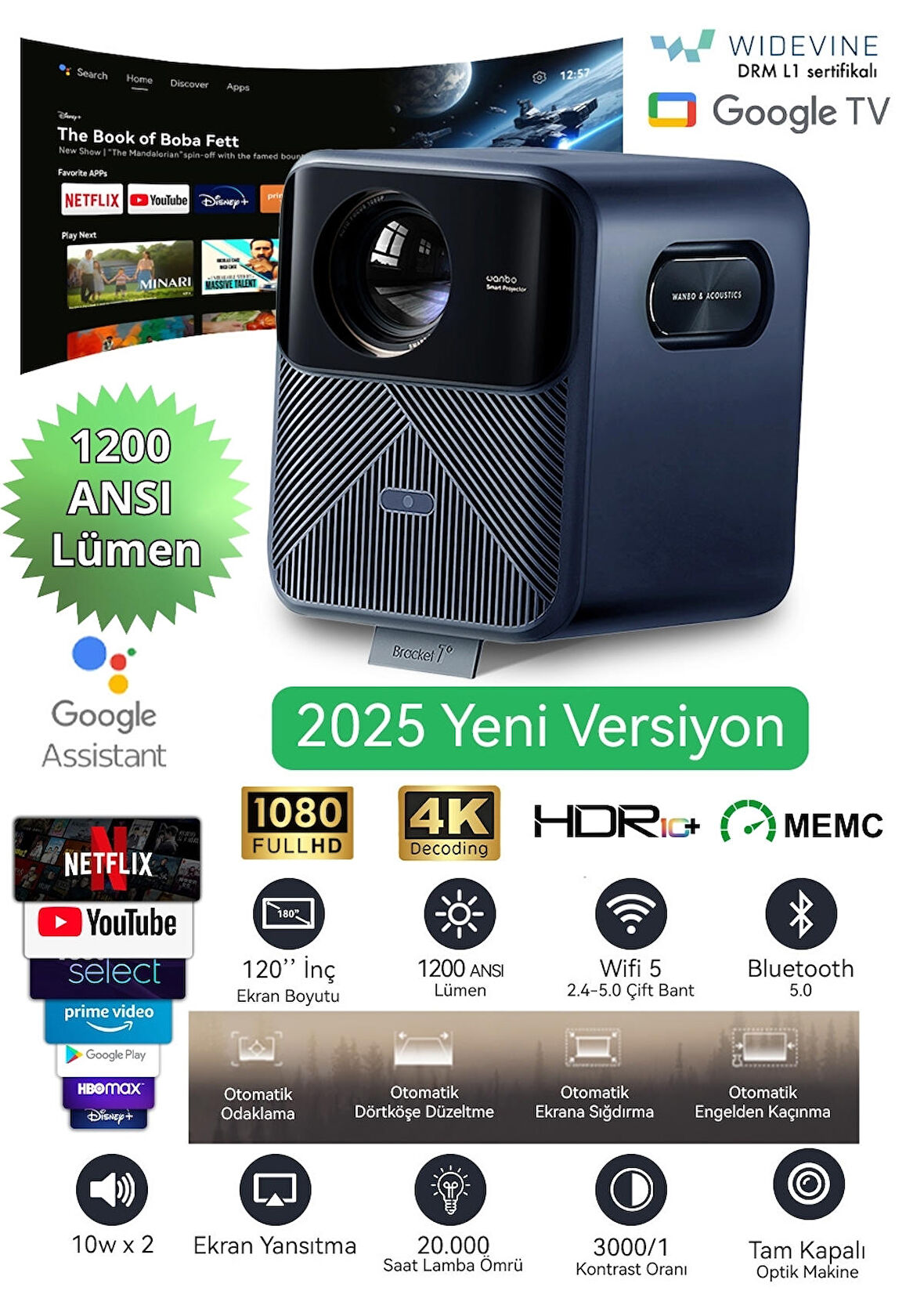 Wanbo Mozart 1 Pro Akıllı Projeksiyon Cihazı – 1200 ANSI, Google TV, HDR, MEMC, Lisanslı | 2025 Yeni Versiyon