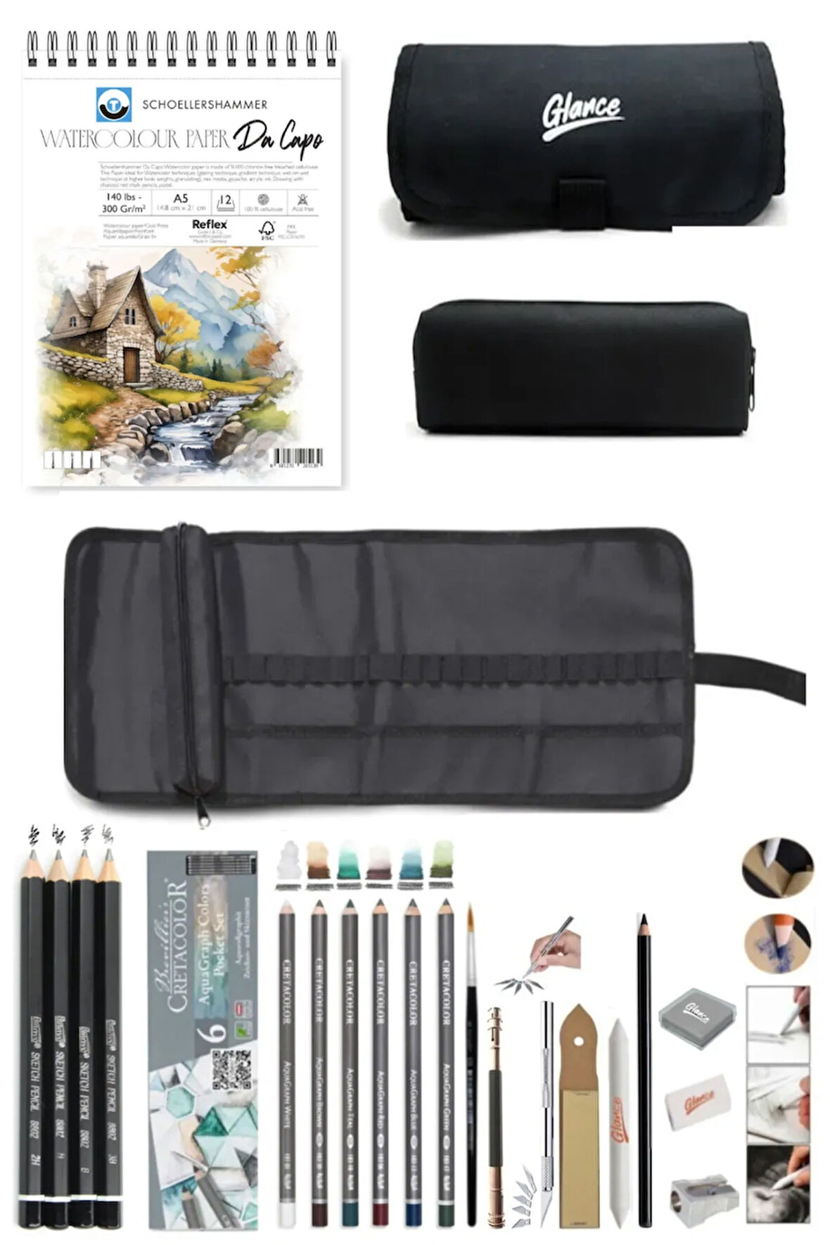 Suluboya Defteri 300 gr. A5 12 Yp Aquarell-Cepli Siyah Kalemlik 24 bölmeli + Kalem Kutusu Set