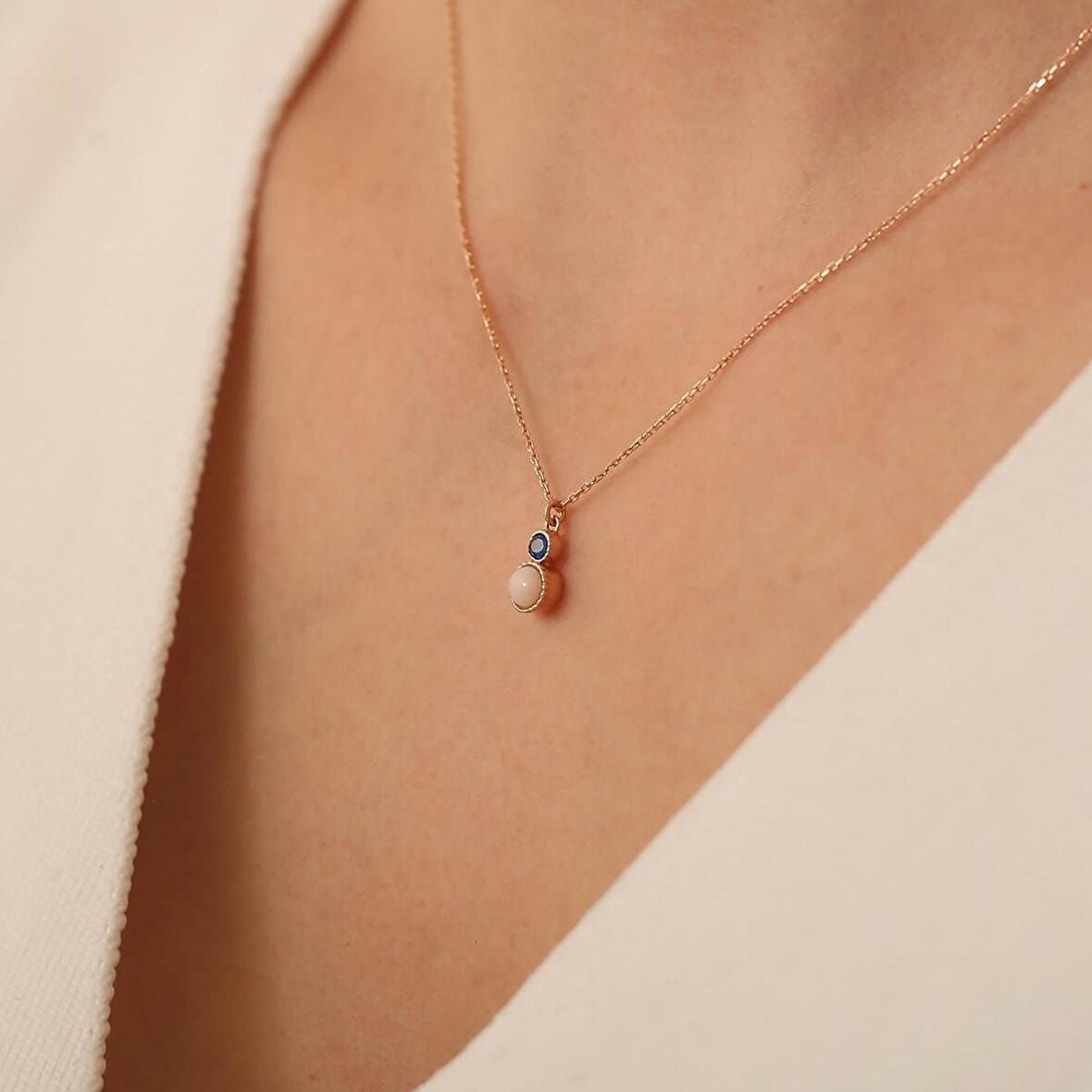 14 Ayar Rose Altın Aquamarin Taşlı Okyanus Kolye