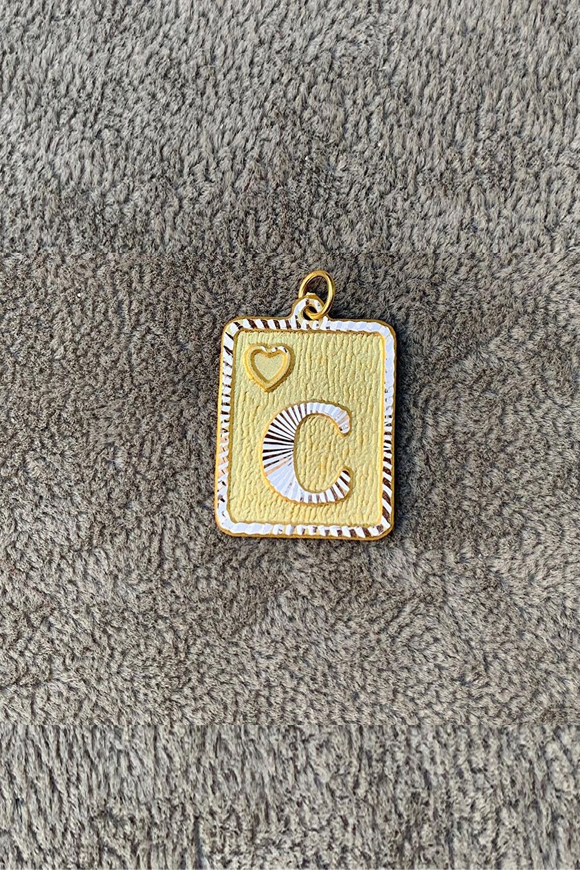 14 Ayar Altın Nostaljik Kare C Harf Kolye Ucu