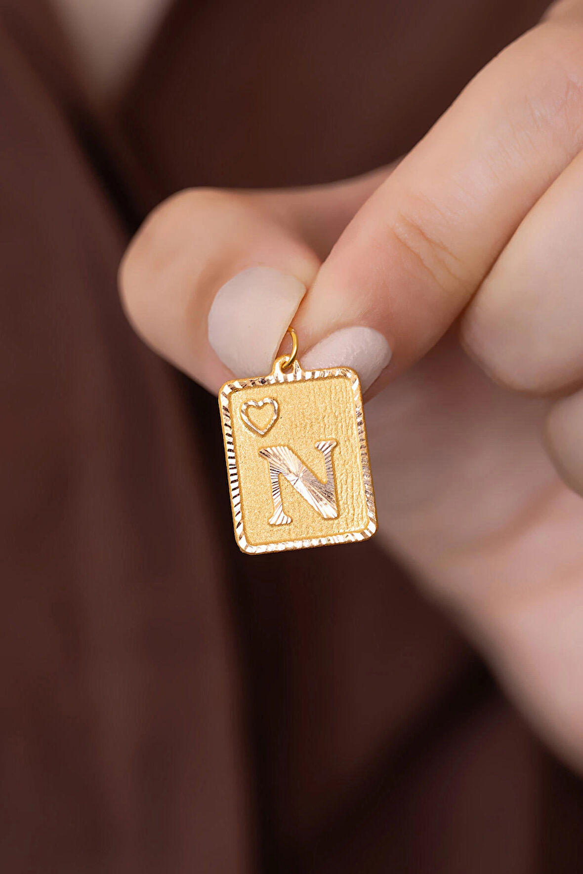14 Ayar Altın Nostaljik Kare N Harf Kolye Ucu