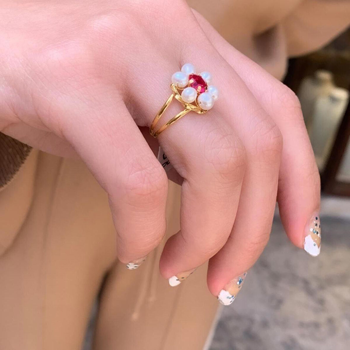 14 Ayar Altın Inci Papatya Yüzük