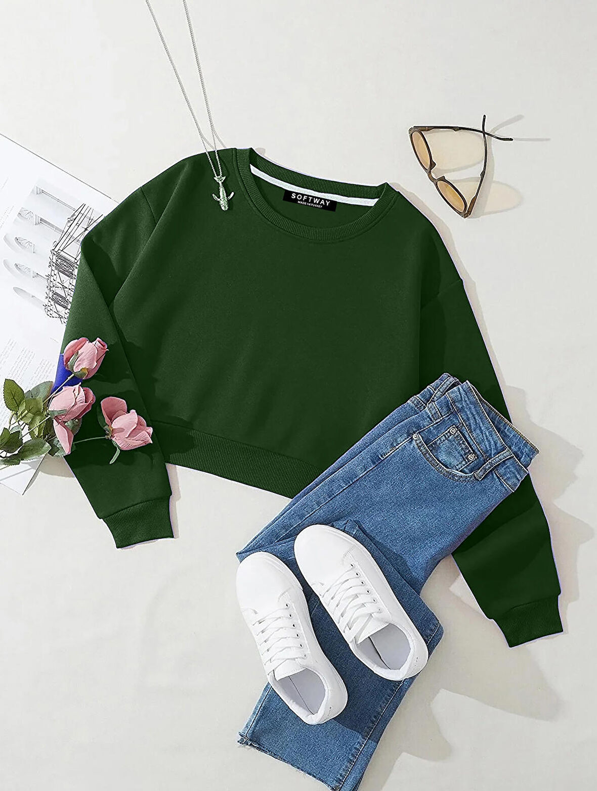 Kadın Basic Crop İçi Polarlı Oversize Sweatshirt - YEŞİL