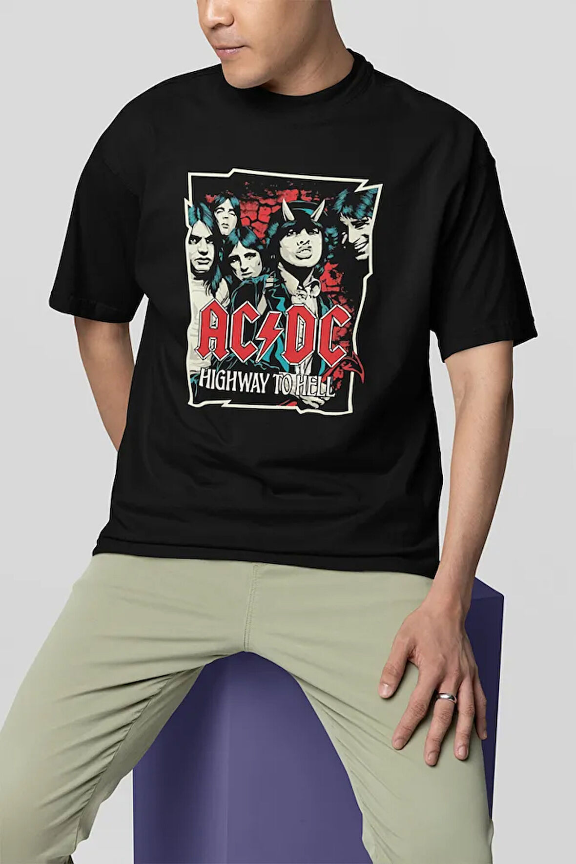 Müzik Grubu Rock Metal Highway To Hell Baskılı Unisex Tişört, Oversize AC DC Tişört