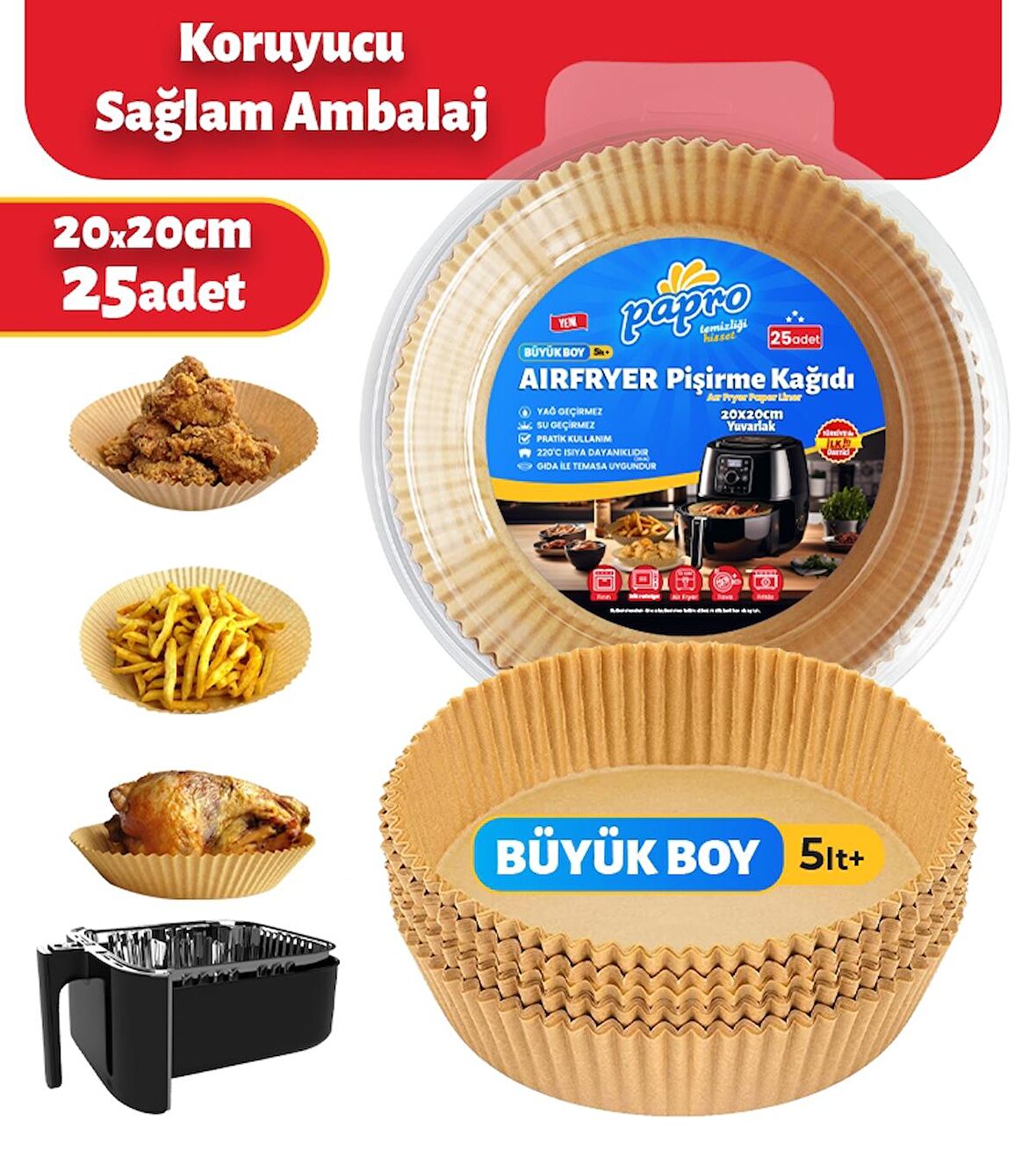 PAPRO Airfryer Pişirme Kağıdı büyük boy Yuvarlak 25 Adet 20*20 Hava Fritözü Yağlı Kağıt Airfryer Philip