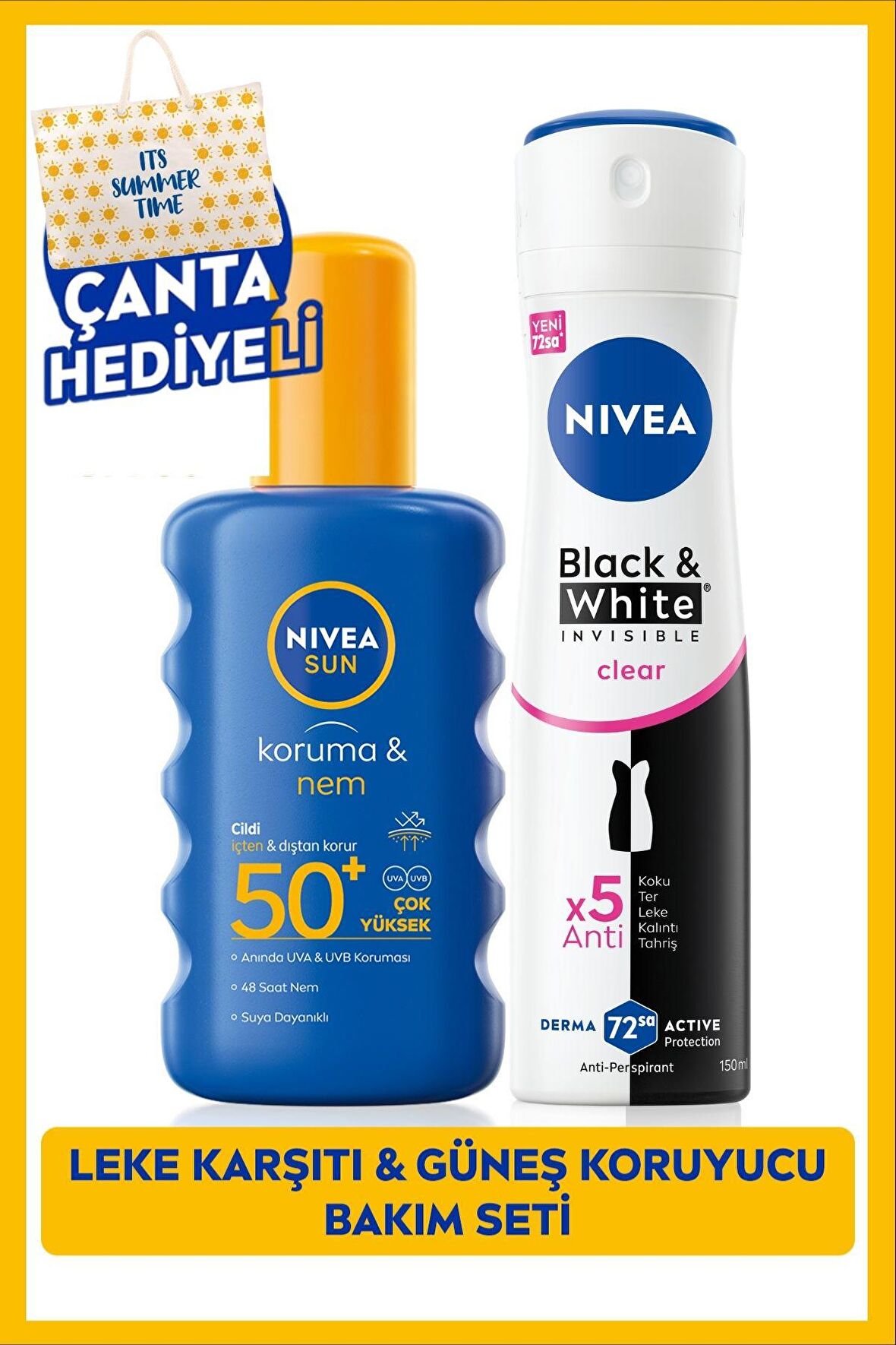 NIVEA SUN Güneş Koruyucu Vücut Spreyi 200ml, SPF50 ve Sprey Deodorant Black & White Invisible Clear 150ml, Çanta Hediyeli