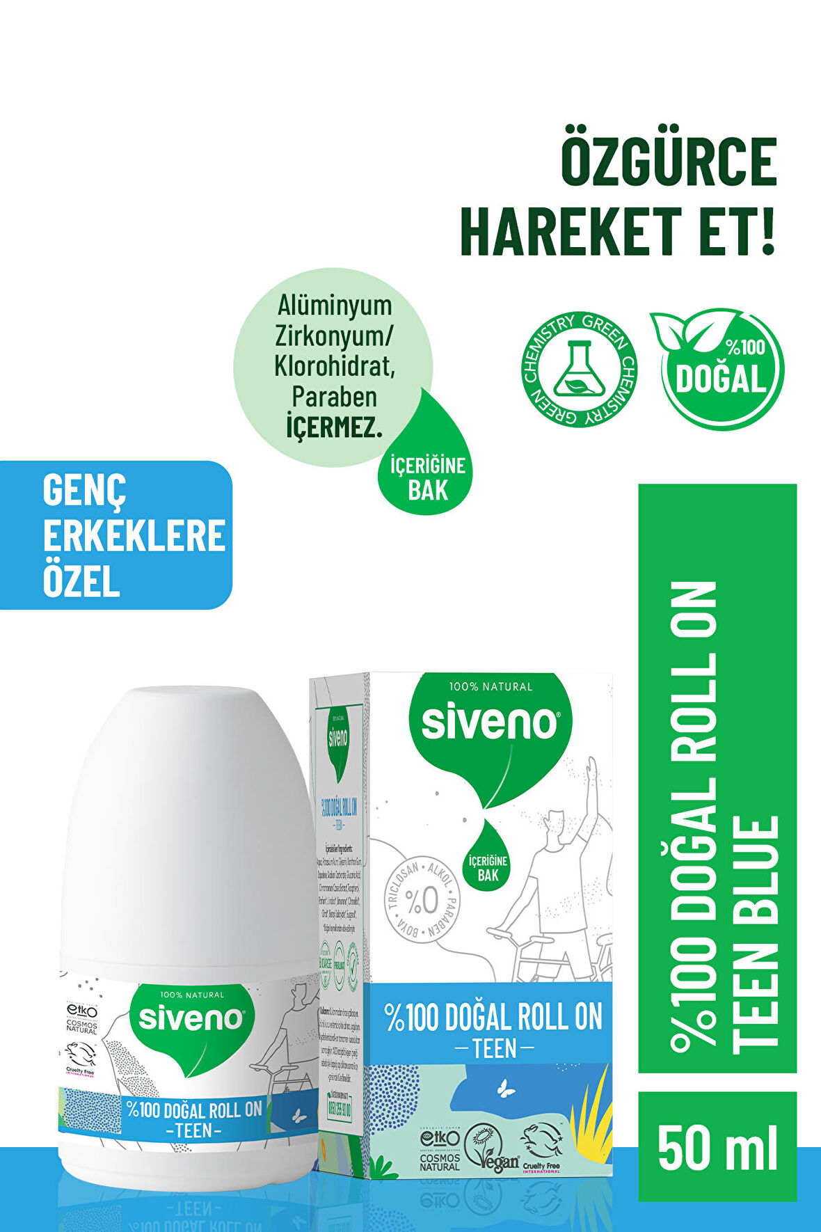 Siveno %100 Doğal Roll-on Teen Blue Genç Erkek Deodorant Ter Kokusu Önleyici Bitkisel Lekesiz Vegan 50 ml