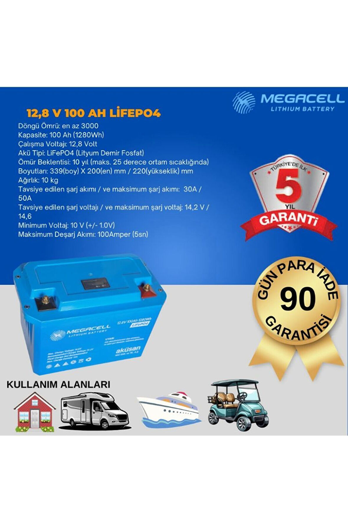 Megacel 12.8 Volt 100 Amper Lityum Akü Abs Kasa - 12.8 V 100 Ah Lıfepo4 1280 Wh