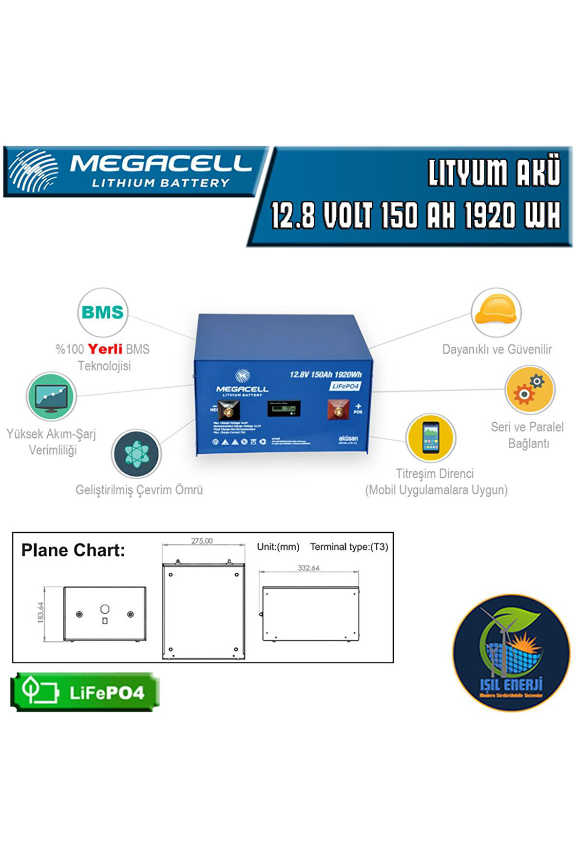 12.8 VOLT 150 AMPER LİTYUM AKÜ METAL KASA - 12.8 V 150 AH LIFEPO4 1920 WH