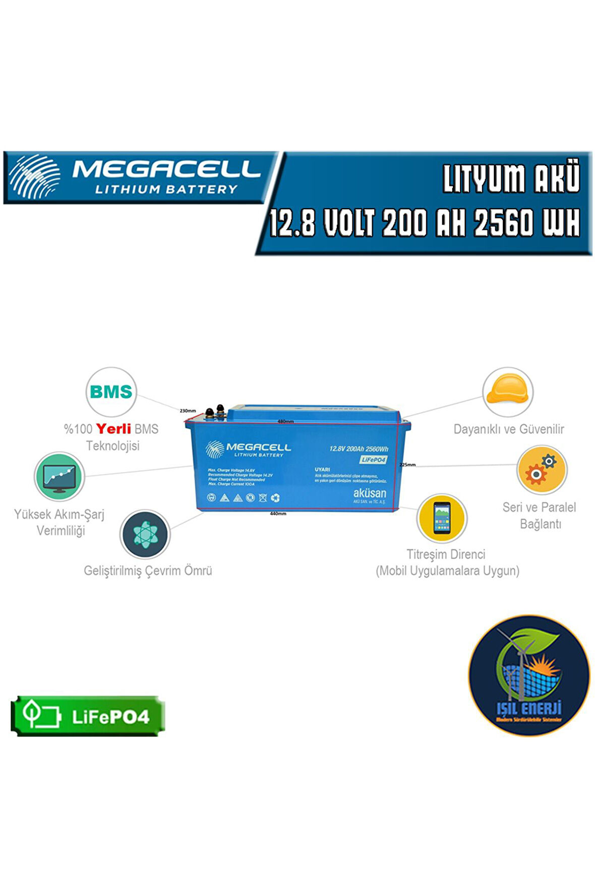 MEGACEL 12.8 VOLT 200 AMPER LİTYUM AKÜ ABS KASA - 12.8 V 200 AH LIFEPO4 2560 WH