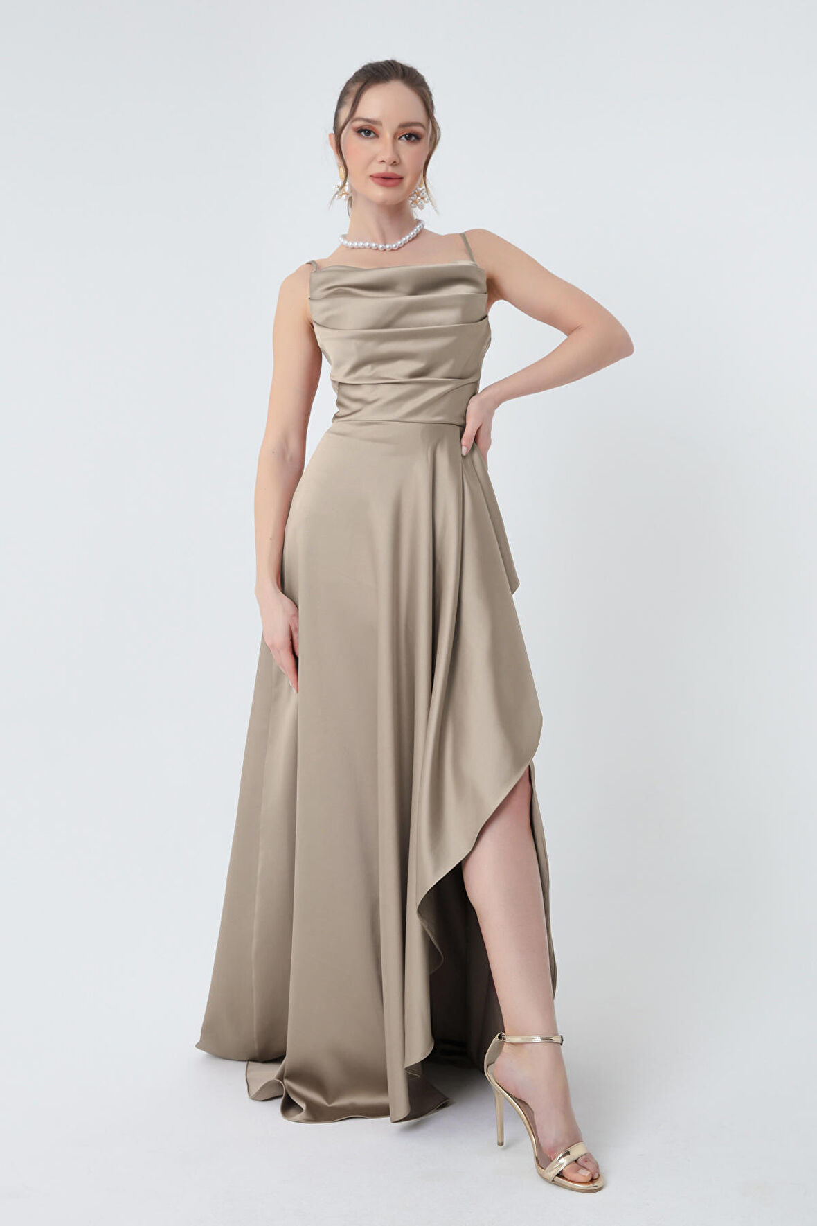 Kadın Vizon Volanlı Yırtmaçlı Saten Abiye & Mezuniyet Elbisesi