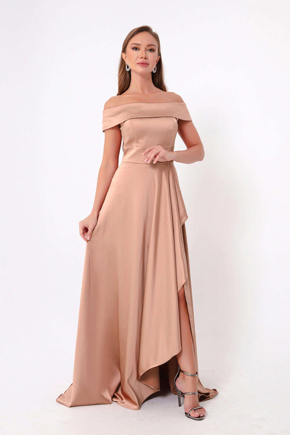 Kadın Pudra Kayık Yaka Saten Abiye & Mezuniyet Elbisesi