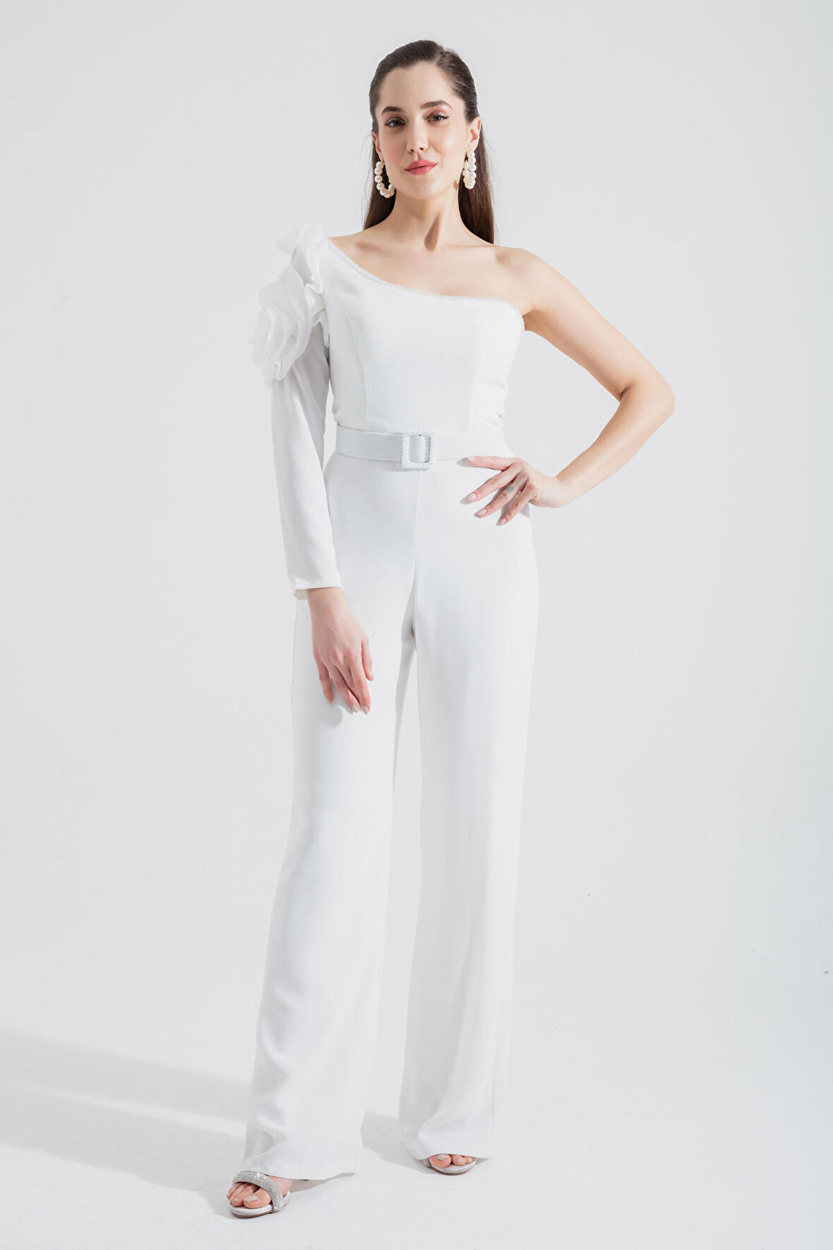 Kadın Beyaz Tek Omuzlu Taşlı Abiye Tulum