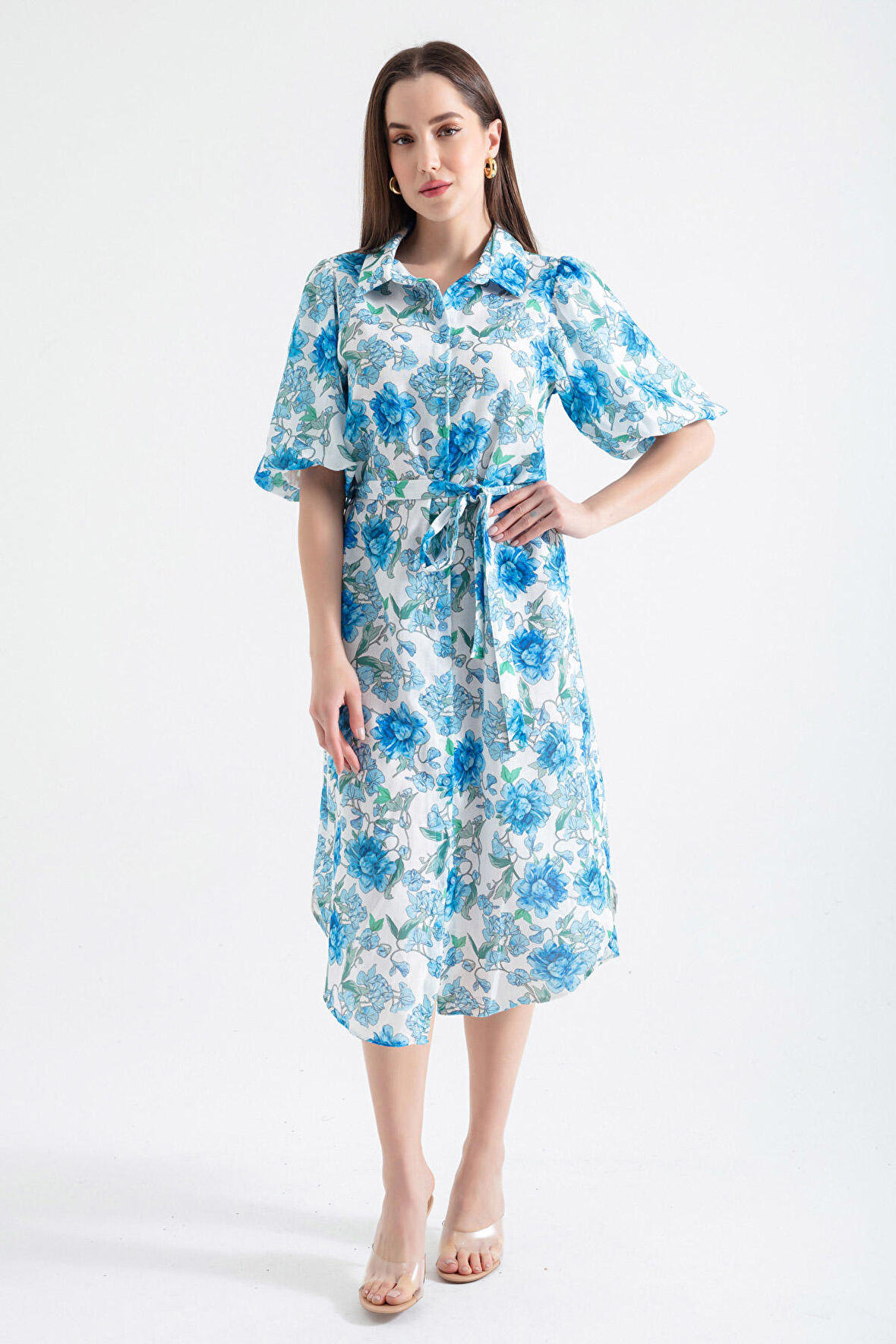 Kadın Mavi Balon Kollu Desenli Midi Elbise