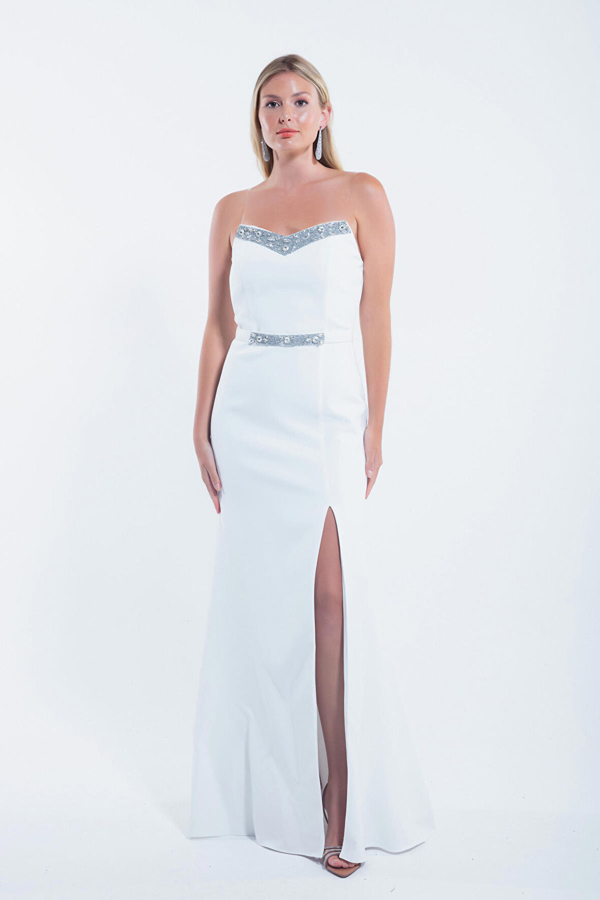 Kadın Beyaz Yakası Taşlı Uzun Abiye Elbise