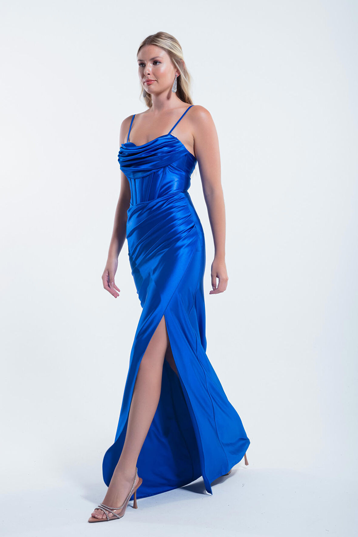 Kadın Saks Balen Korse Detaylı Yırtmaçlı Uzun Abiye Elbise