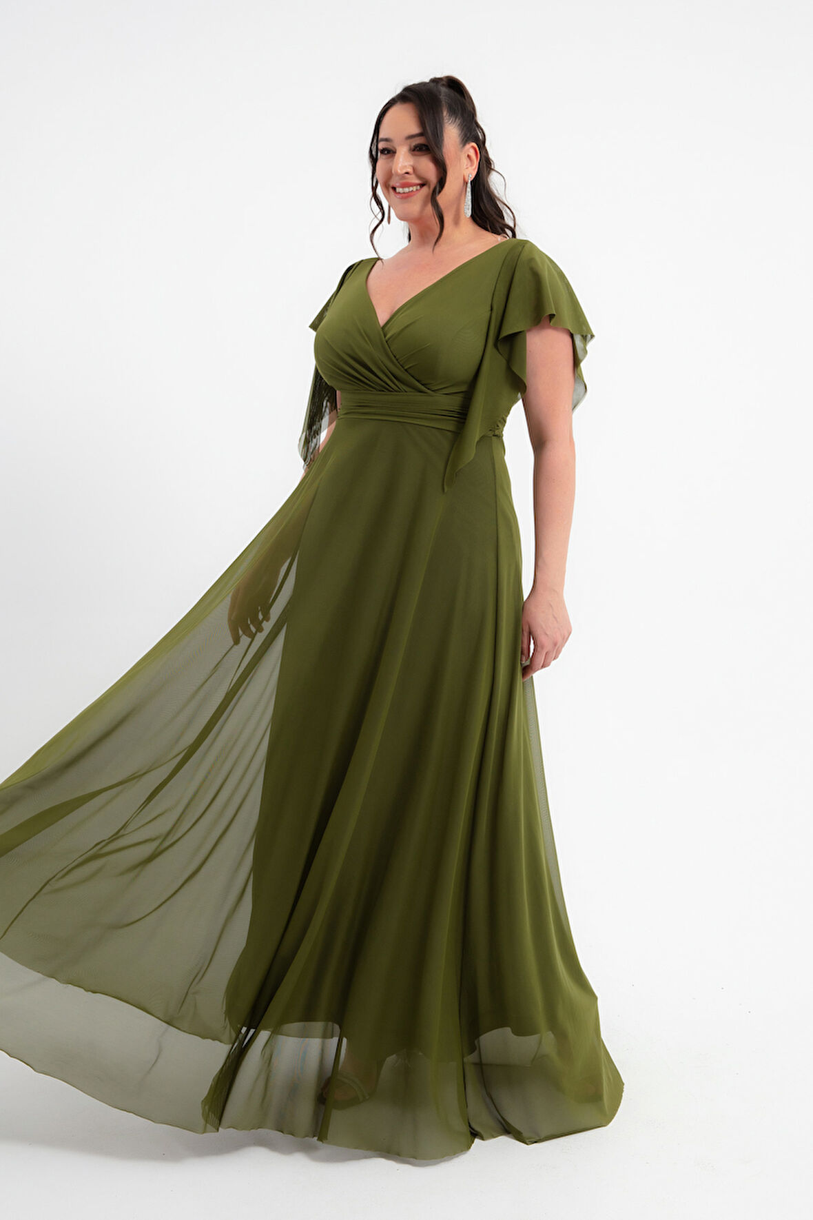 Kadın Haki V Yaka Kısa Kollu Büyük Beden Uzun Abiye Elbise