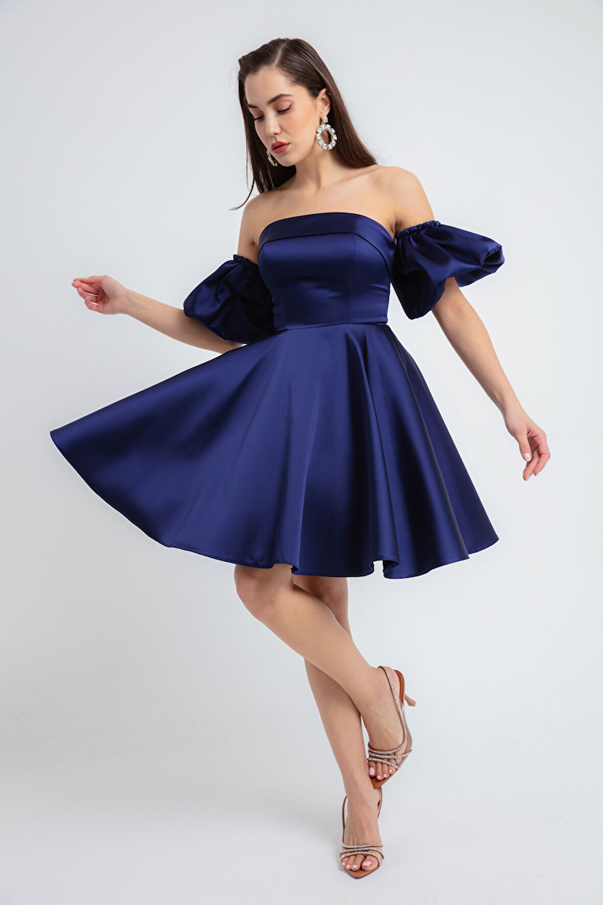 Kadın Lacivert Straplez Yaka Saten Mini Mezuniyet Abiye Elbise