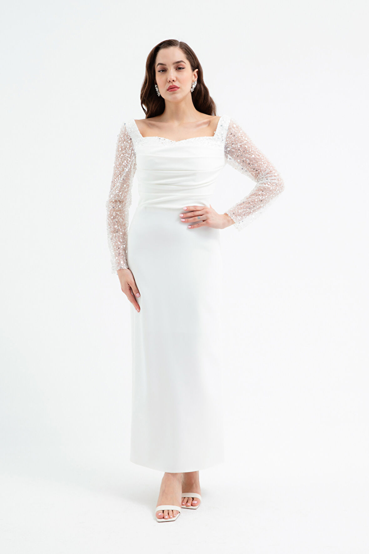 Kadın Beyaz Kalp Yaka Kolları Payetli Midi Söz Nişan Nikah Abiye Elbise
