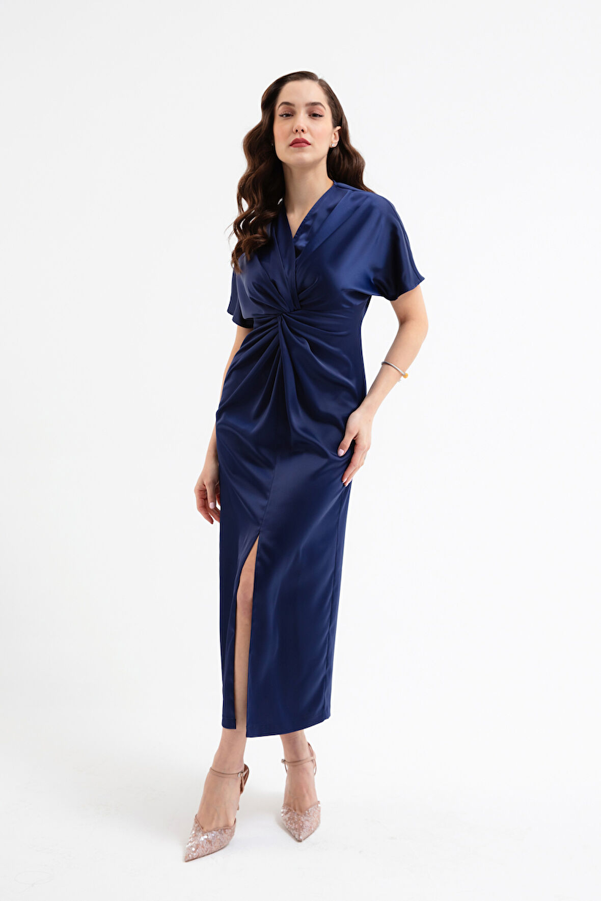 Kadın Lacivert Düğüm Detaylı Midi Saten Elbise