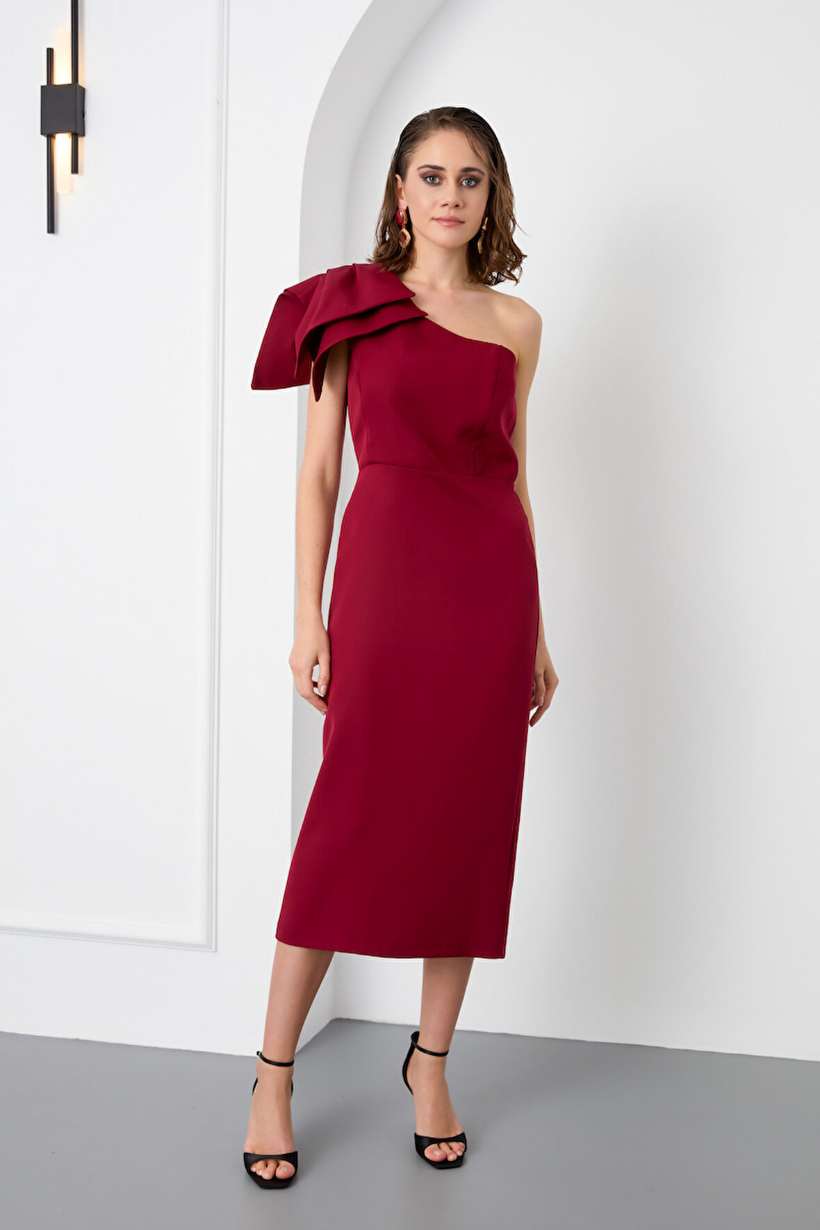 Kadın Bordo Tek Omuz Midi Elbise