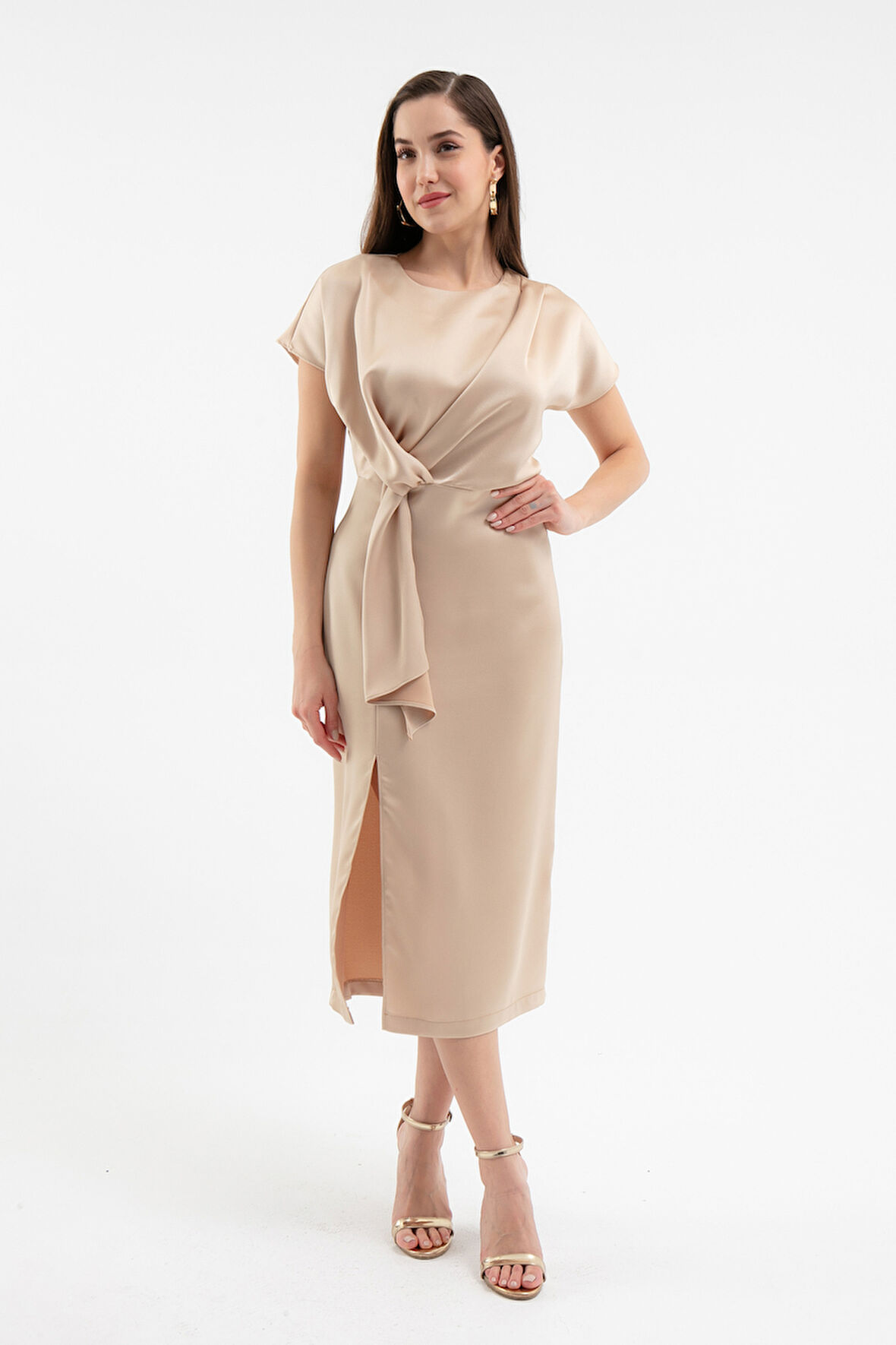 Kadın Camel Yırtmaçlı Midi Saten Elbise