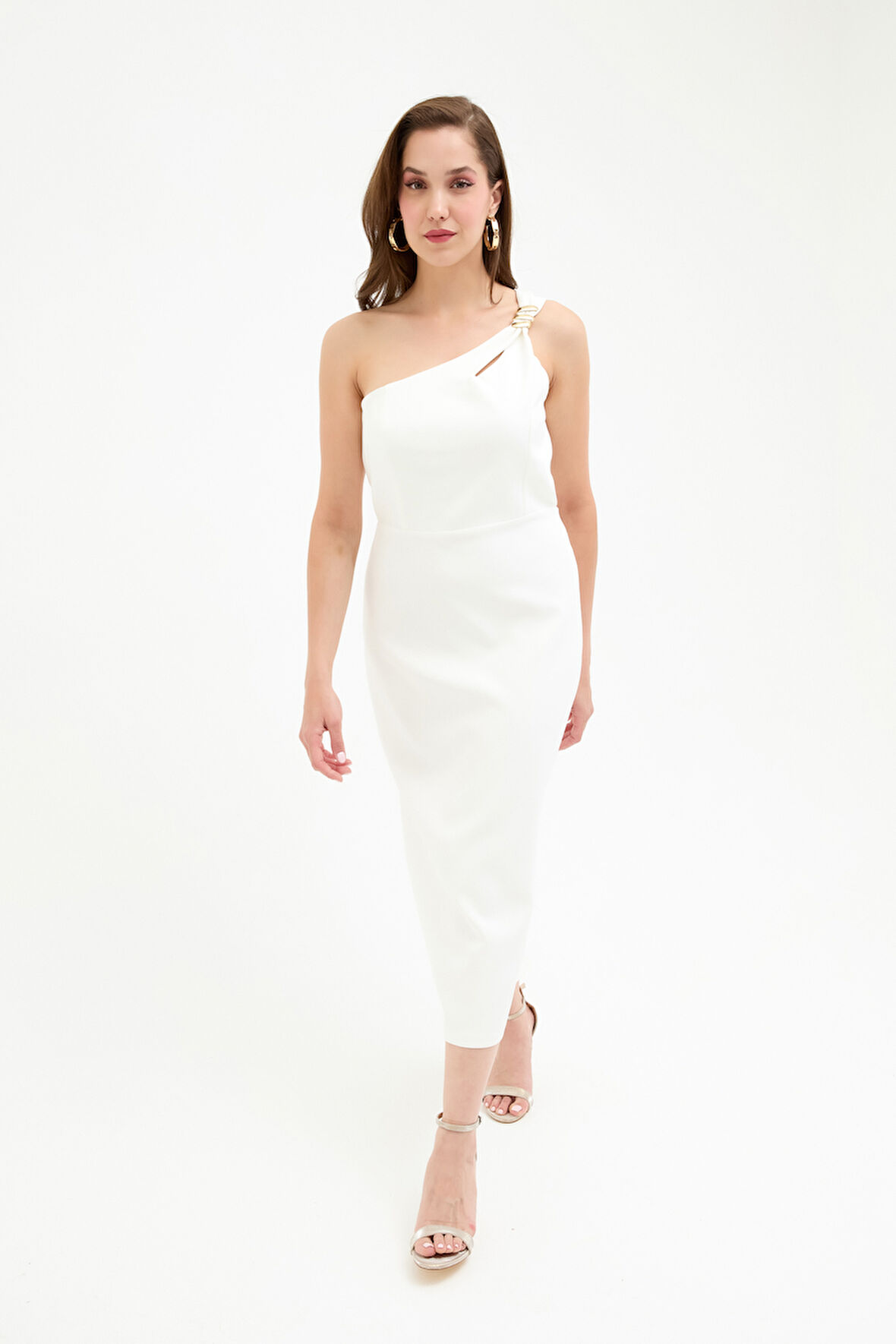 Kadın Beyaz Aksesuar Detay Midi Elbise