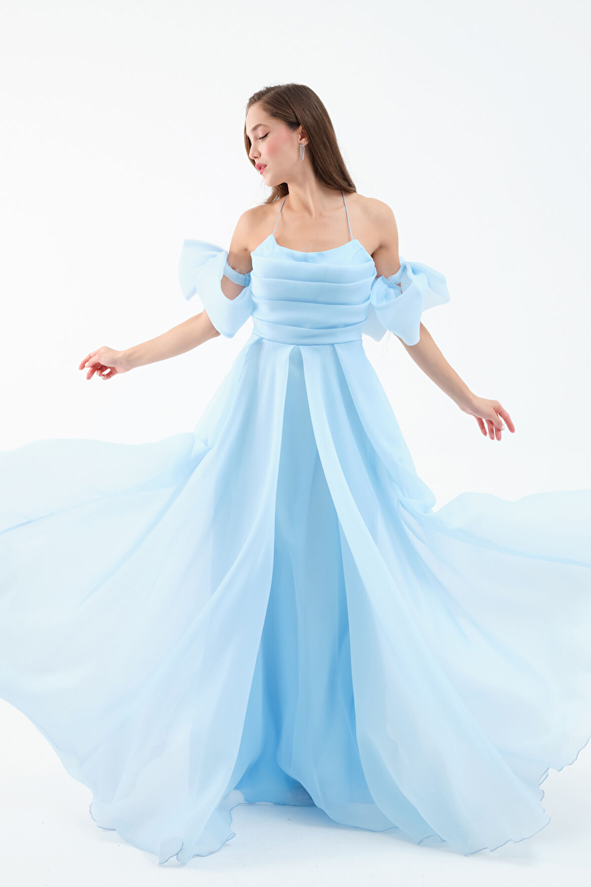 Kadın Bebe Mavi Göğüs Drapeli Organze Abiye Elbise