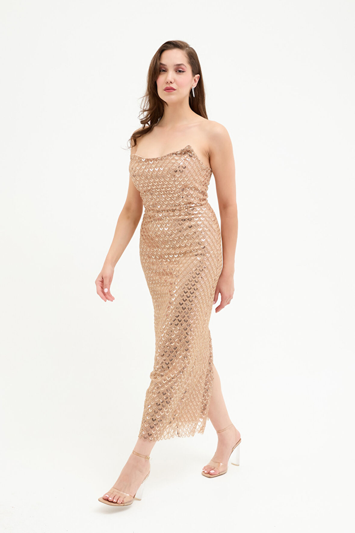 Kadın Gold Straplez Boncuklu Midi Abiye Elibse