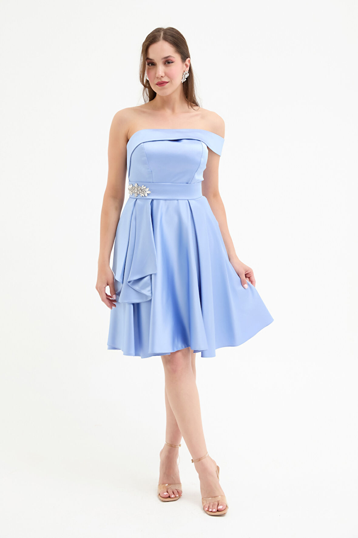 Kadın Bebe Mavi Taş Aksesuarlı Saten Mini Mezuniyet Abiye Elbise