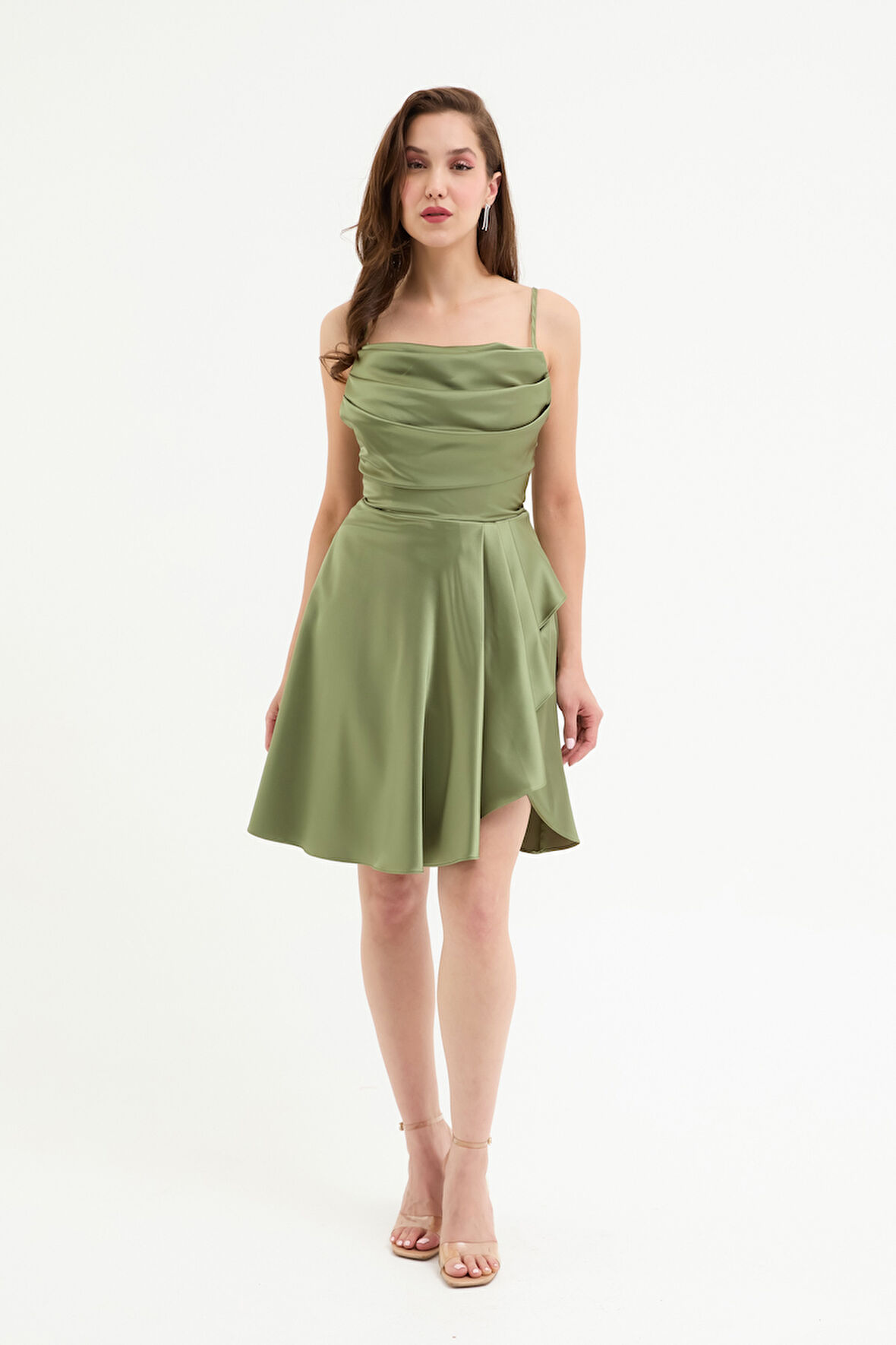 Kadın Haki Volanlı Yırtmaçlı Kısa Saten Abiye & Mezuniyet Elbisesi