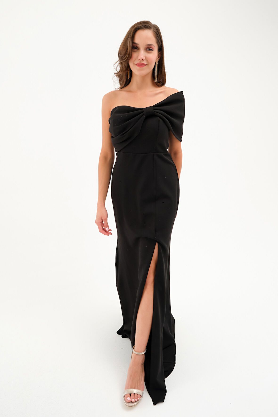 Kadın Siyah Fiyonk Detay Uzun Abiye Elbise