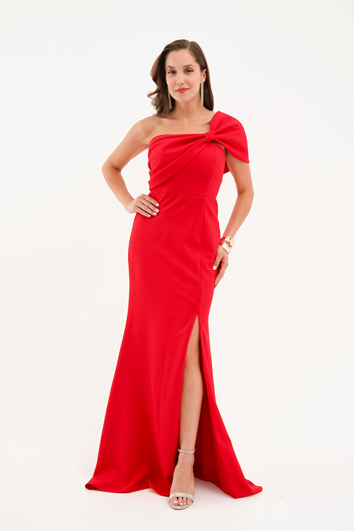 Kadın Kırmızı Fiyonk Detay Uzun Abiye Elbise