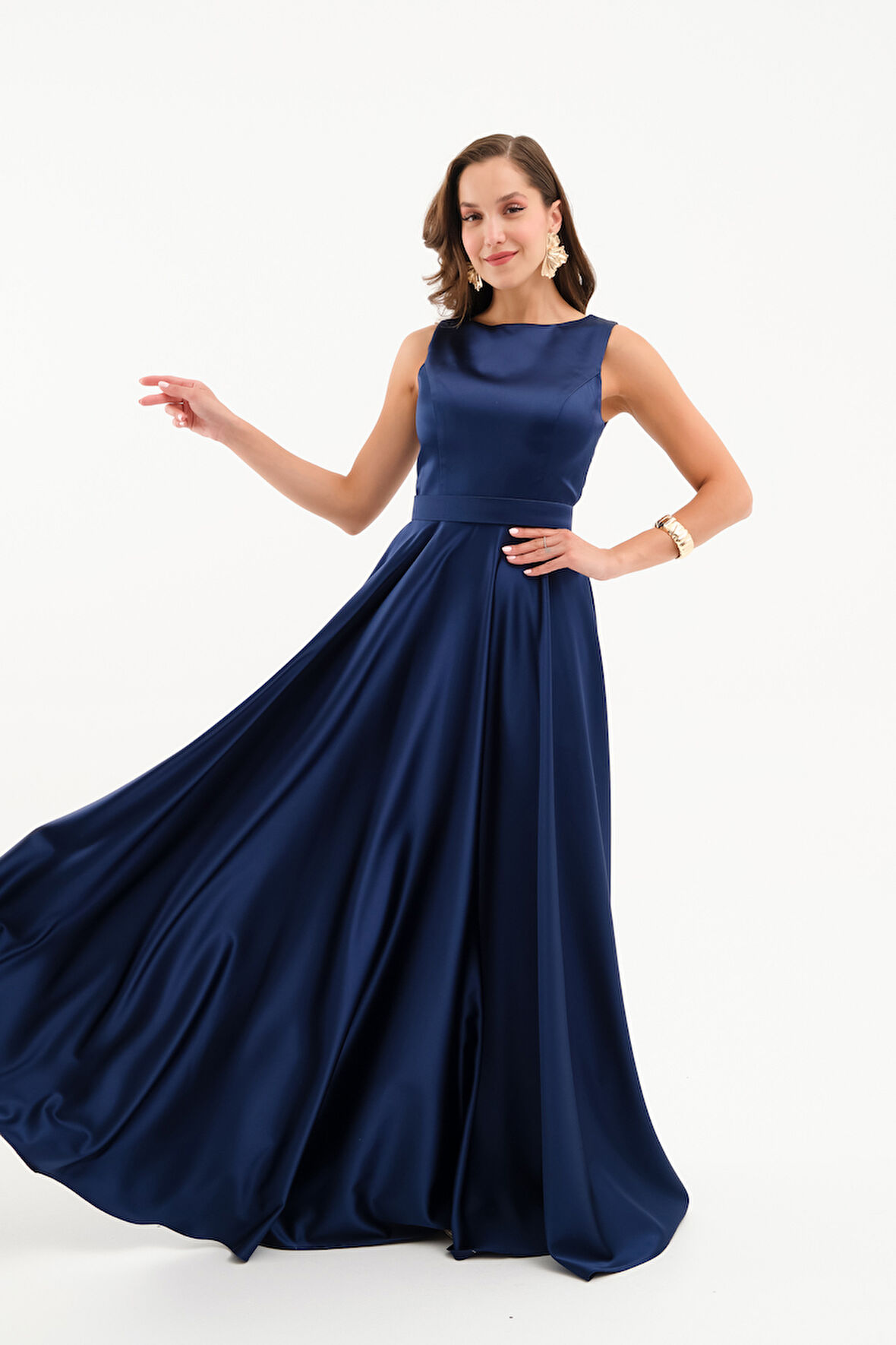 Kadın Lacivert Kalın Askılı Saten Uzun Abiye Elbise