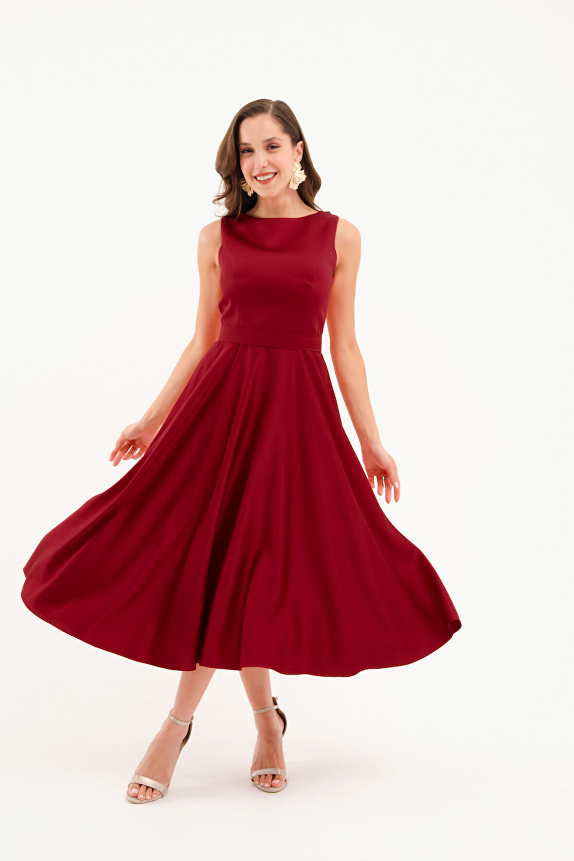 Kadın Bordo Kalın Askılı Kemerli Midi Abiye Elbise