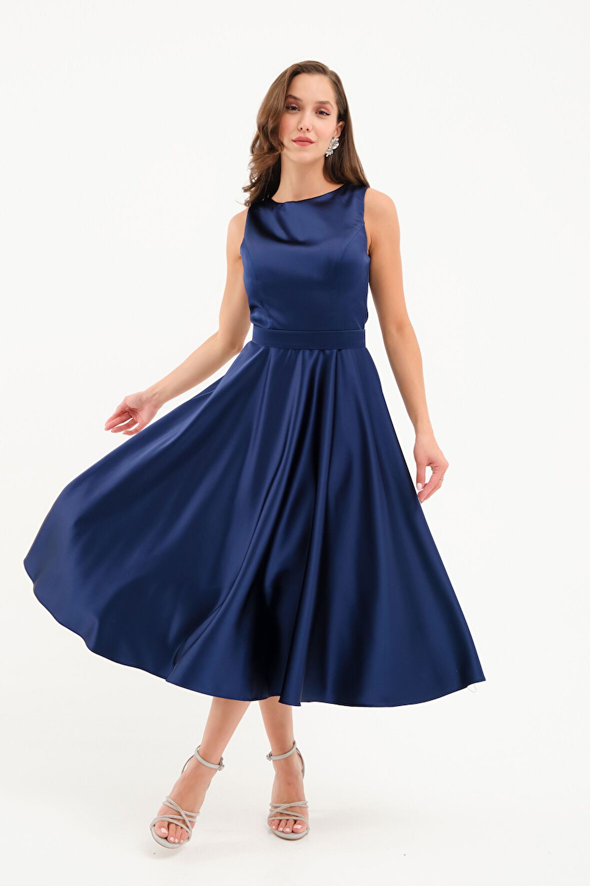 Kadın Lacivert Kalın Askılı Kemerli Midi Abiye Elbise