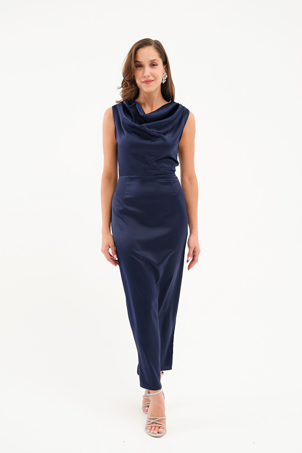 Kadın Lacivert Degaje Yaka Midi Saten Elbise