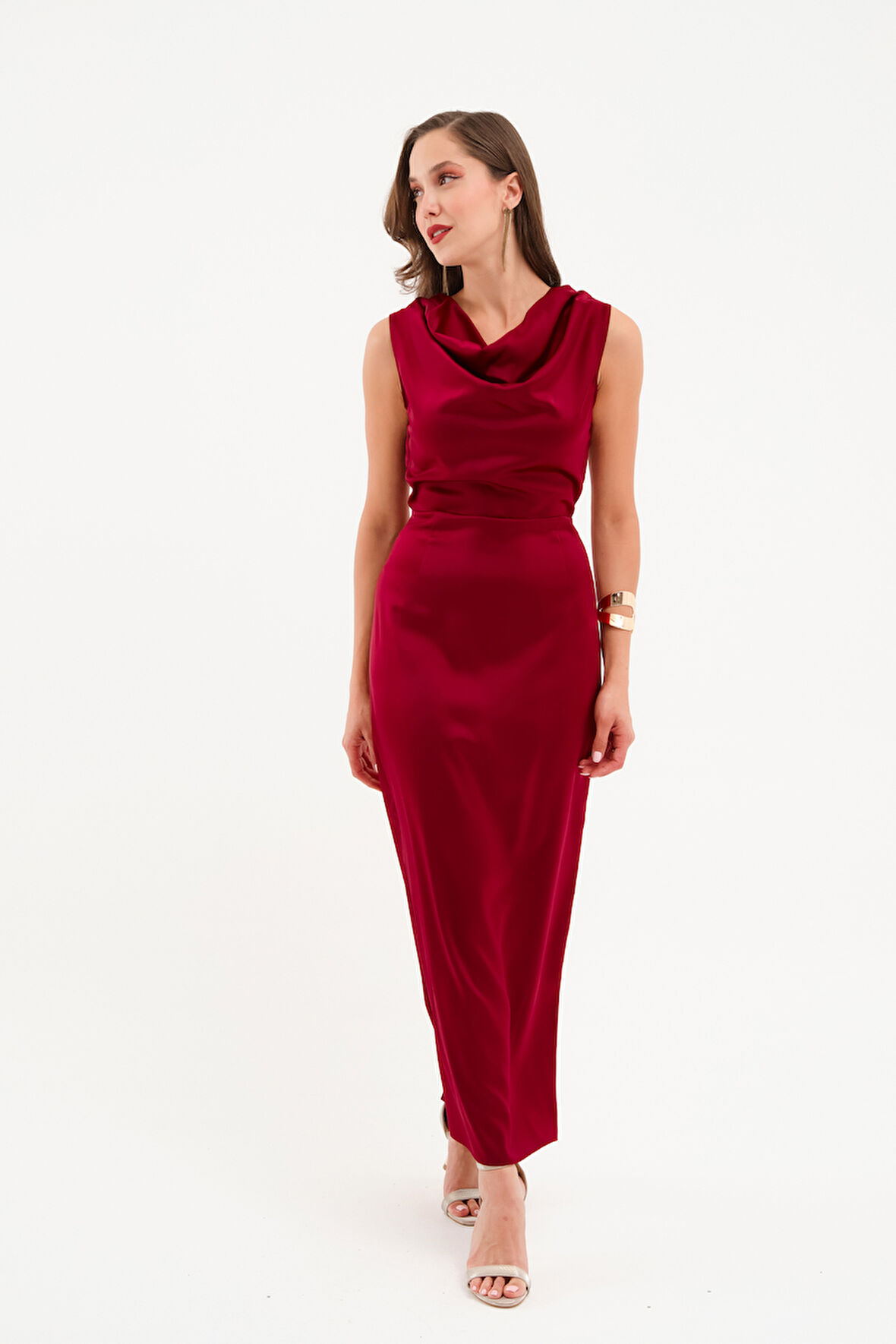 Kadın Bordo Degaje Yaka Midi Saten Elbise