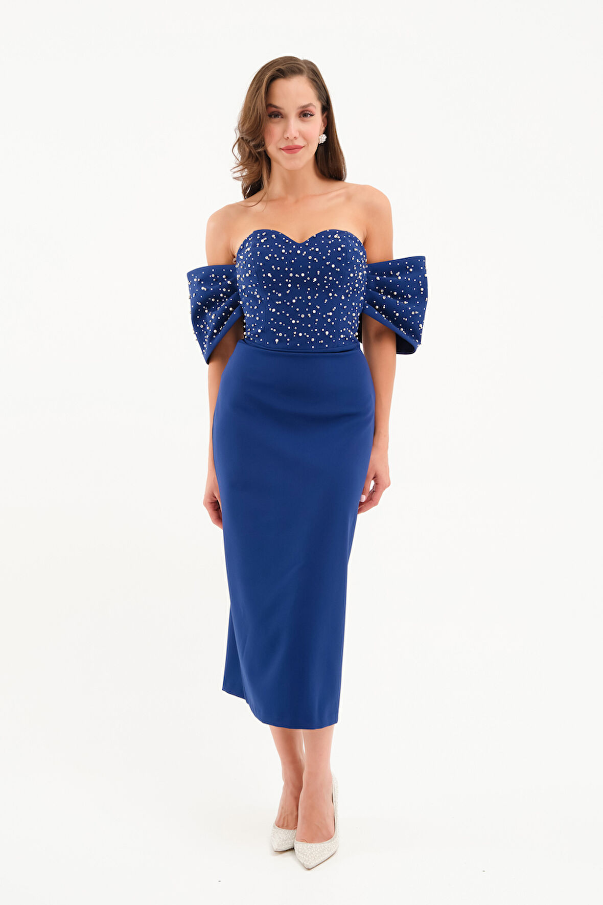 Kadın Lacivert Straplez Yaka Kol Detay Midi Abiye Elbise