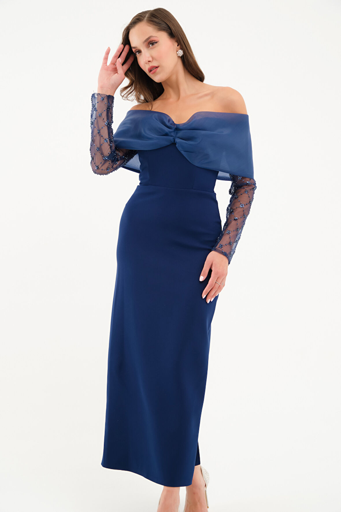 Kadın Lacivert Kol Detaylı Fiyonklu Söz Nişan Nikah Abiye Elbise