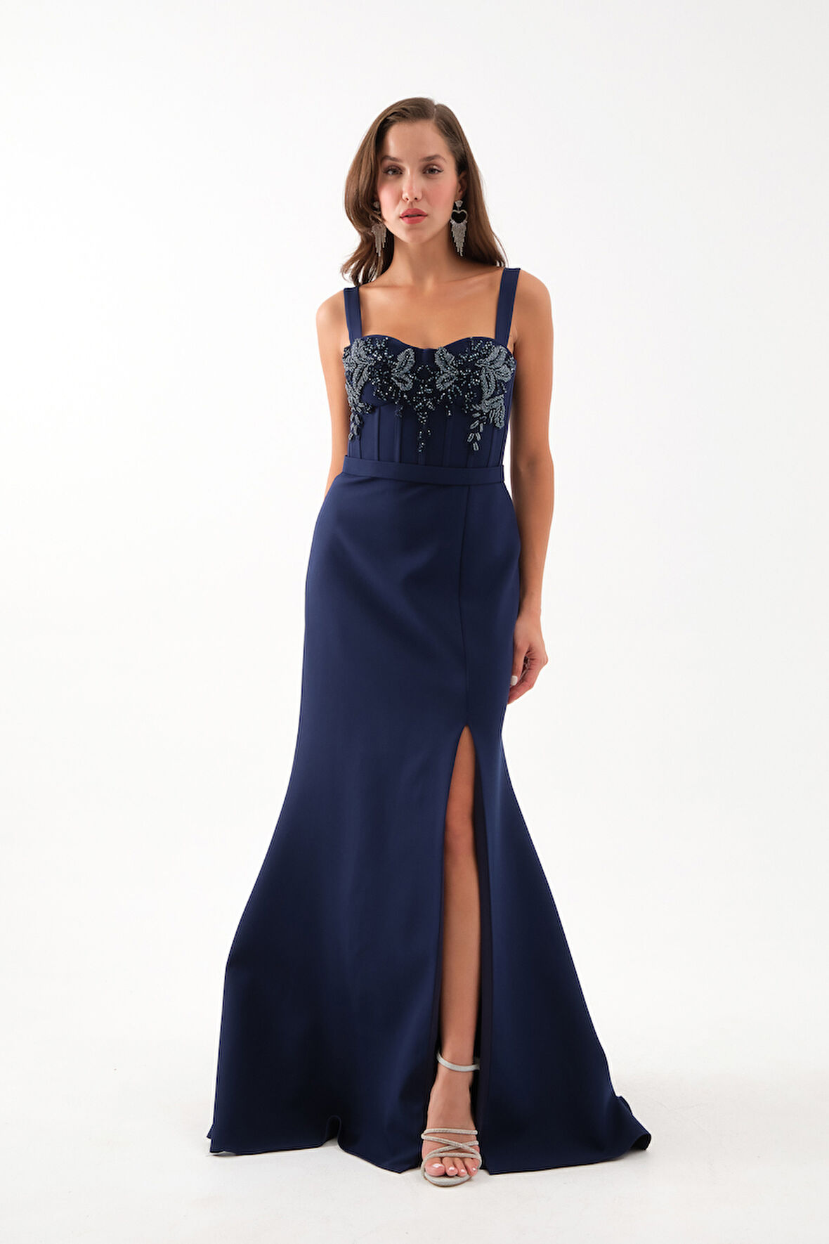 Kadın Lacivert Taşlı Yırtmaçlı Söz Nişan Nikah Abiye Elbise