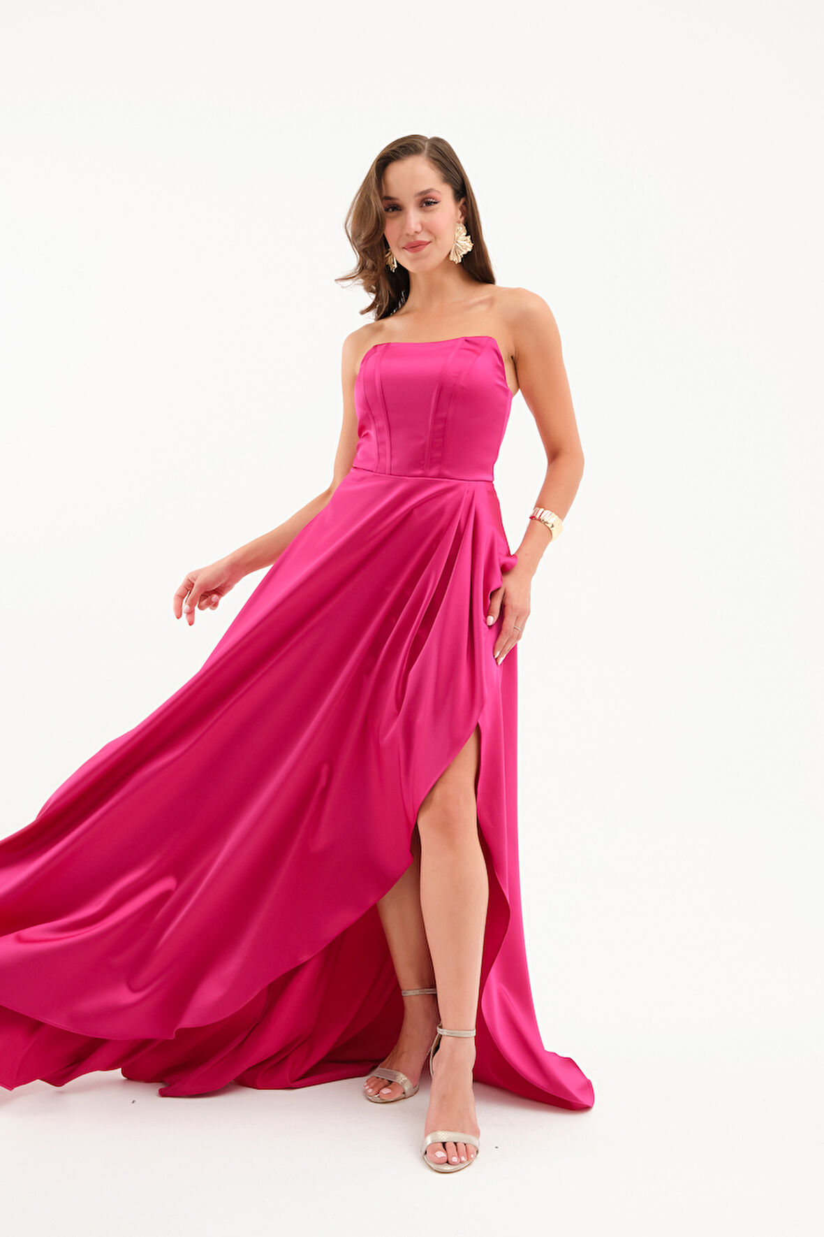 Kadın Fuşya Straplez Balen Korse Detay Uzun Abiye Elbise
