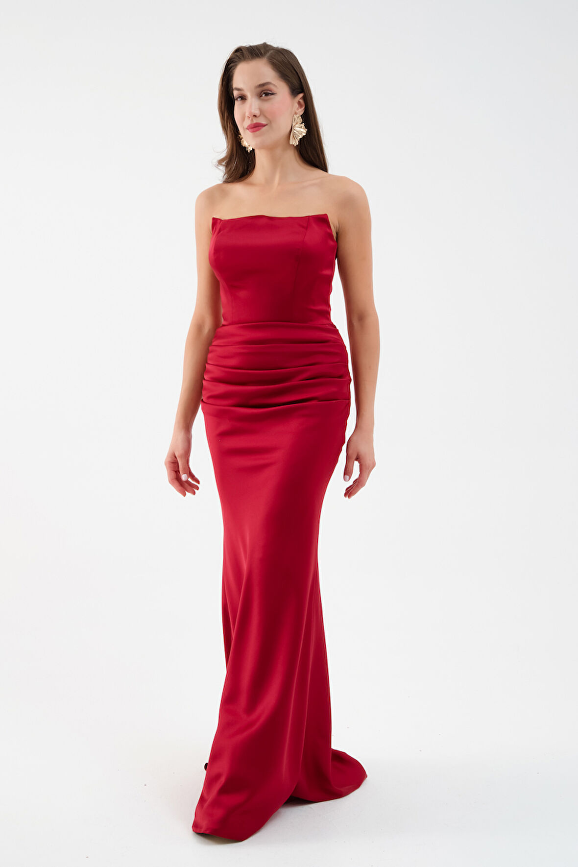 Kadın Bordo Straplez Uzun Saten Söz Nişan Abiye Elbise