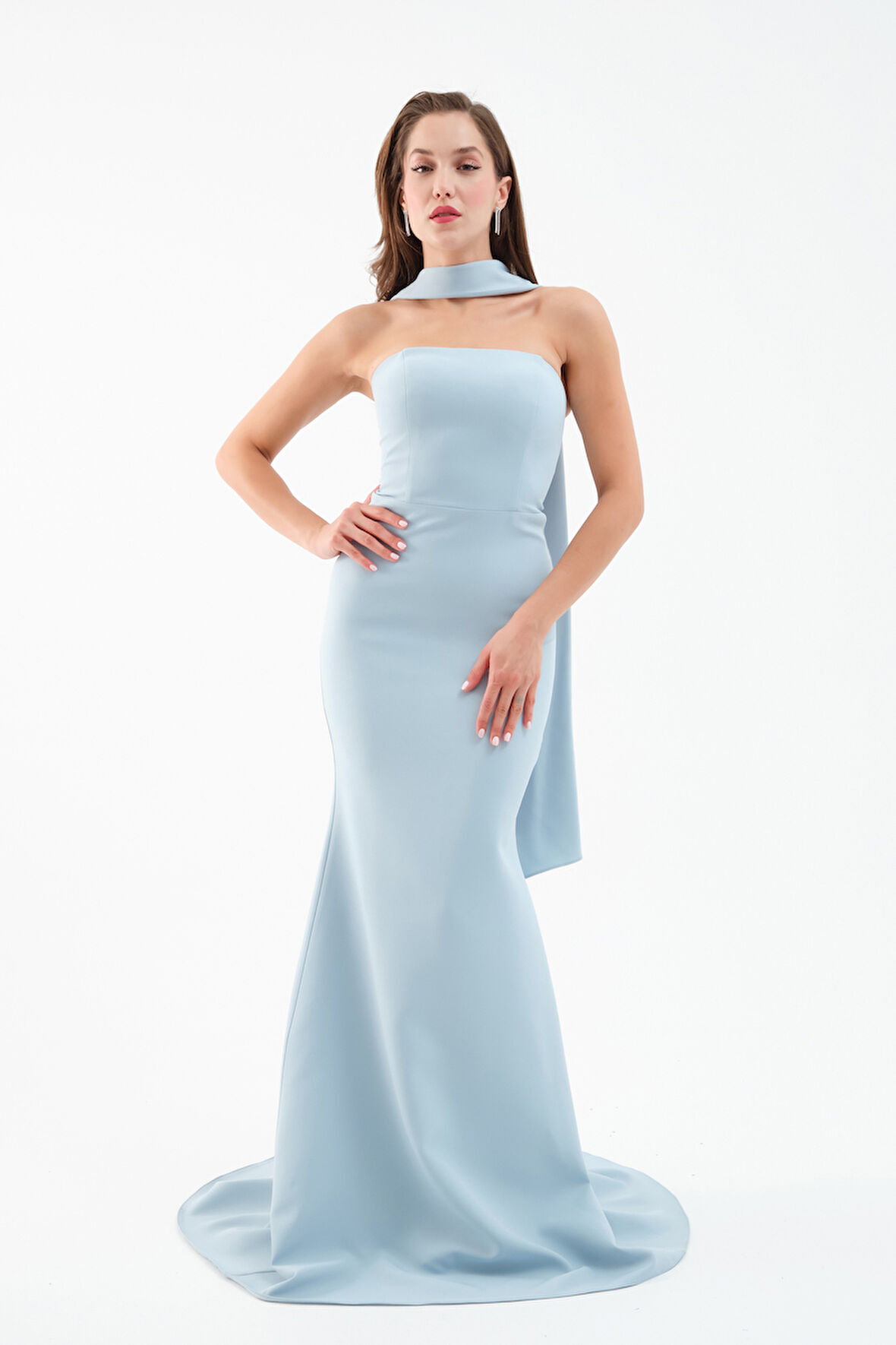 Kadın Bebe Mavi Şal Yaka Detay Uzun Abiye Elbise