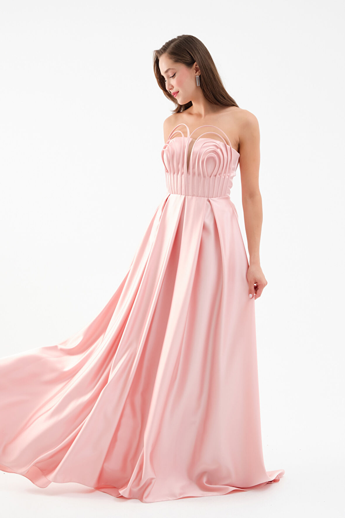 Kadın Pudra Göğüs Detay Uzun Saten Abiye Elbise