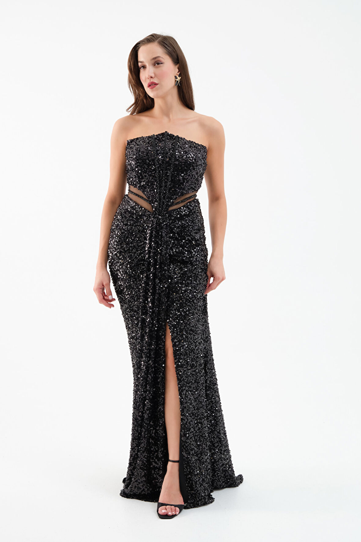 Kadın Siyah Straplez Yırtmaçlı Uzun Abiye Elbise