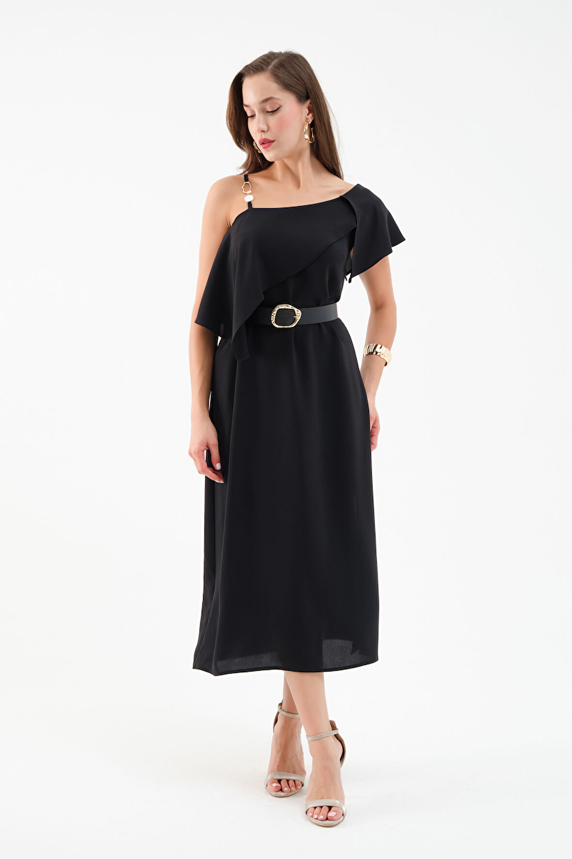 Kadın Siyah Kemerli Midi Elbise